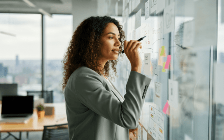 Profissional escreve em um quadro de vidro coberto por anotações, diagramas e post-its coloridos, em um ambiente corporativo. A imagem representa o planejamento e a otimização de processos, ilustrando o uso de estratégias para automatização de processos no RH.