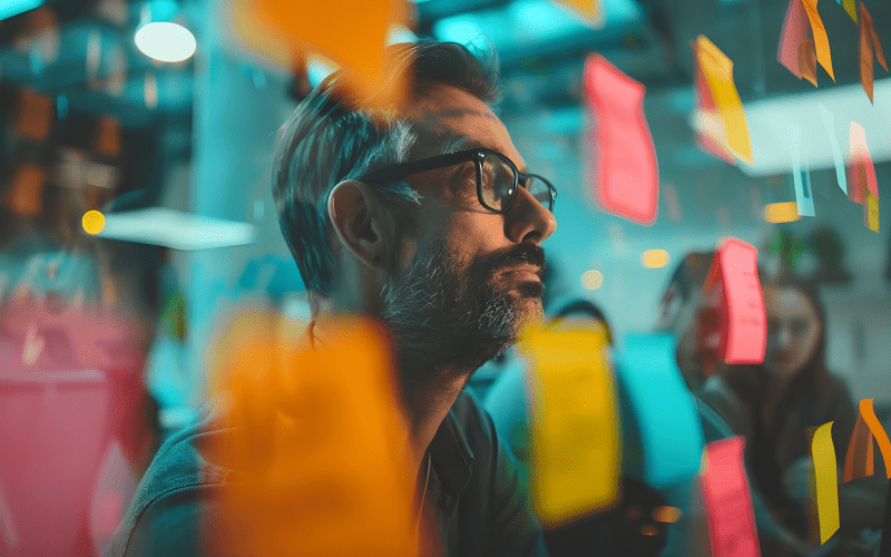 Profissional observa um quadro de vidro com post-its coloridos em um ambiente corporativo, analisando ideias e possibilidades. A imagem representa o processo de reflexão e planejamento de carreira, associado ao conceito de Life Design.