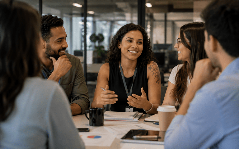 Uma profissional de RH lidera uma reunião de Desenvolvimento Humano e Organizacional (DHO) com sua equipe em um escritório moderno. Ela é uma mulher negra de cabelos cacheados e blusa preta, que sorri e gesticula de forma participativa enquanto conduz o alinhamento. Ao seu redor, os colaboradores escutam atentamente com papéis e gráficos sobre a mesa, ilustrando a colaboração, o aprendizado contínuo e a evolução da cultura corporativa.