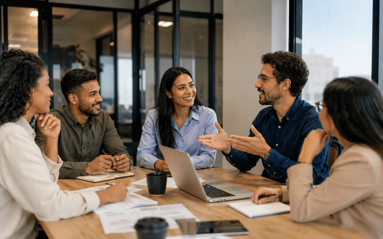 Em uma sala de reuniões moderna, um grupo de profissionais sorridentes realiza uma reunião de integração. Um homem de óculos e camisa azul-escura gesticula e fala de forma acolhedora, explicando as diretrizes do onboarding para os novos colaboradores ao redor da mesa.