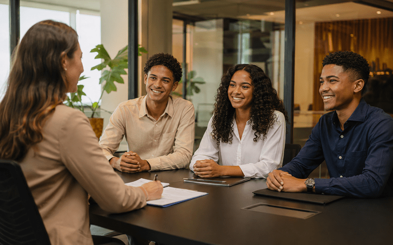Três jovens candidatos a vagas de trainee ou estágio participam sorridentes de uma dinâmica ou entrevista de seleção em uma sala moderna. Uma recrutadora, vista de costas, conduz a conversa à mesa. Os demonstram entusiasmo e atenção, ilustrando um processo de atração de talentos conectado e focado na experiência positiva do candidato.
