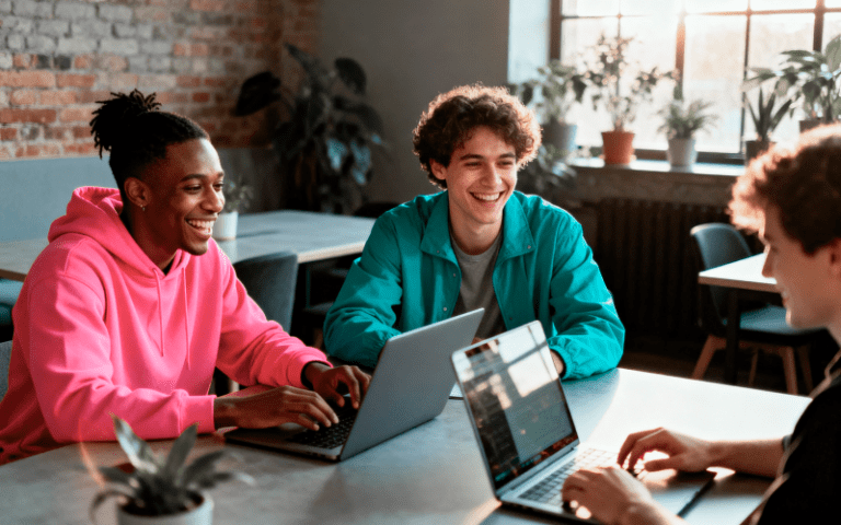 Grupo de jovens reunidos em uma mesa, utilizando notebooks e sorrindo durante uma atividade colaborativa em um ambiente de trabalho ou estudo, ilustrando um artigo sobre o perfil da Geração Z.