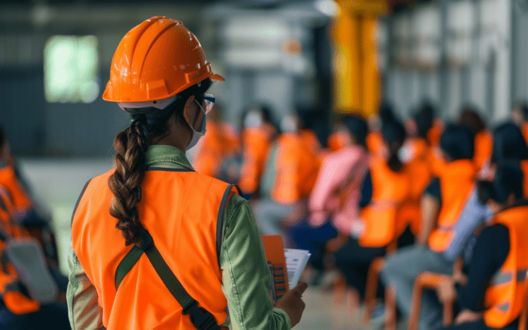 Imagem de capa para artigo sobre contratação de mão de obra temporária. Supervisora de colete e capacete laranja, vista de costas, observa um grupo de trabalhadores reunidos em um ambiente industrial.