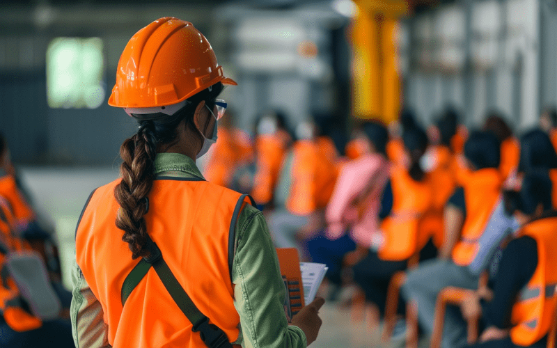 Imagem de capa para artigo sobre contratação de mão de obra temporária. Supervisora de colete e capacete laranja, vista de costas, observa um grupo de trabalhadores reunidos em um ambiente industrial.