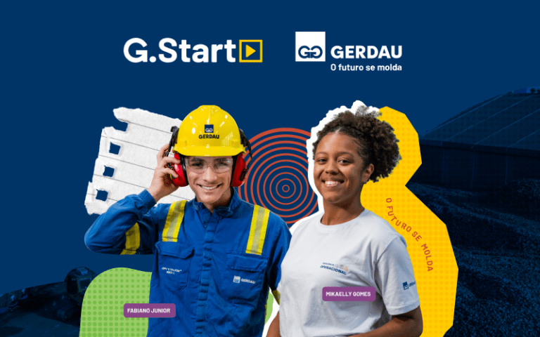 Peça conceito do Programa de Estágio G.Start, da Gerdau, com dois jovens estagiários em destaque e elementos visuais que representam inovação, indústria e futuro.